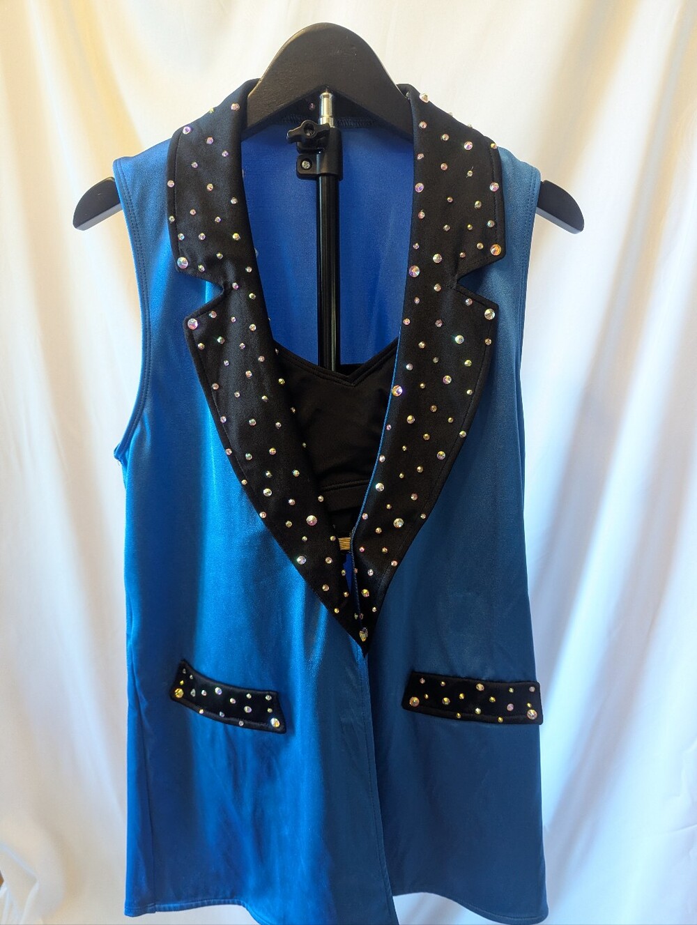 Blue Sleeveless Vest with Black Rhinestoned Lapel